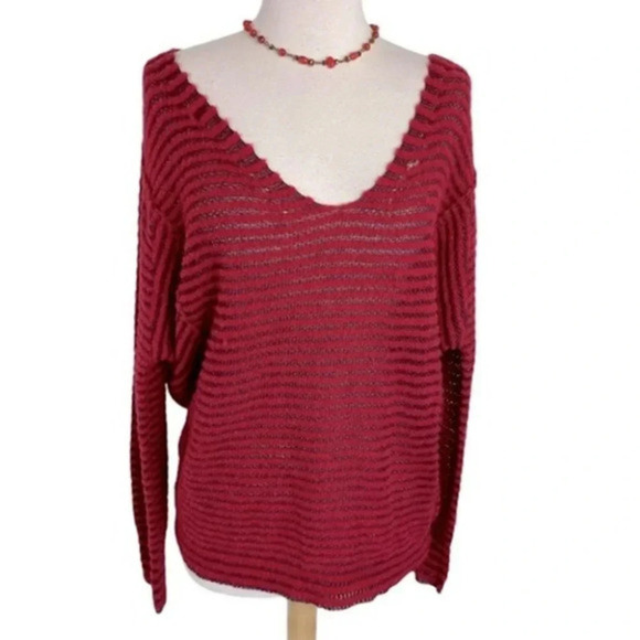 Free‎ People S Red/maroon striped V-neck sweater boho grunge - Picture 1 of 8